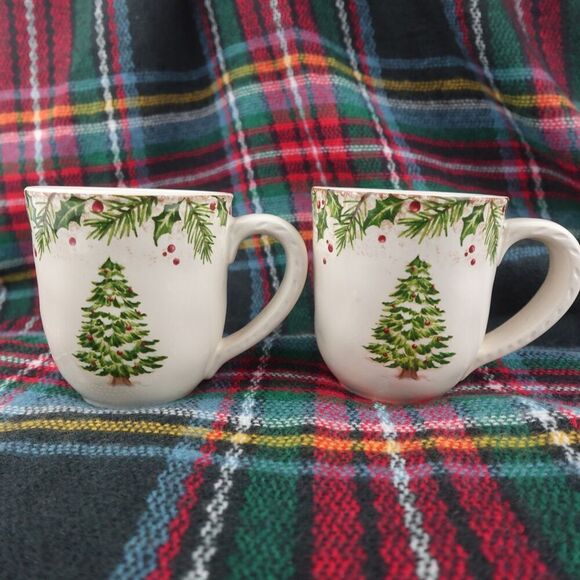 Pier 1 Imports Winters Wonder Holiday Mugs Christmas Tree & Holly - Picture 1 of 8